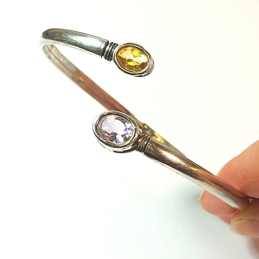 Antique Yellow Ceylon Sapphire & Amethyst Flexible Silver Bangle